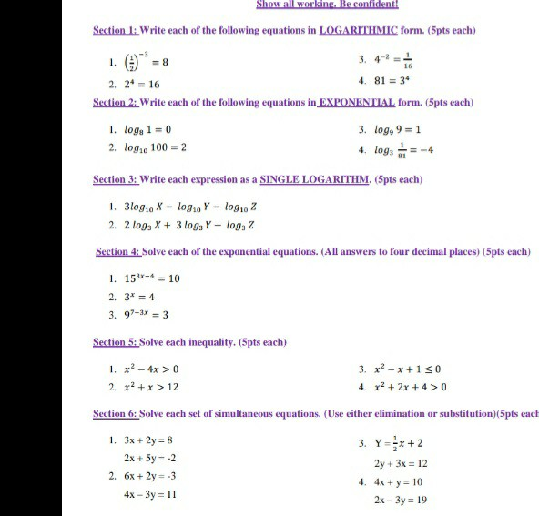 Solved Show all working. Be confident! Section 1: Write each | Chegg.com