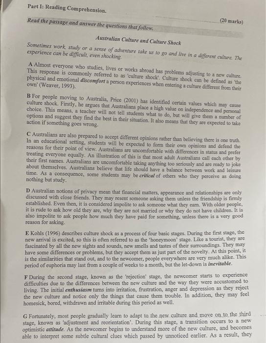 Part I: Reading Comprehension.
(20 marks)
Read the passage and answer the questions that follow.
Australian Culture and Cultu