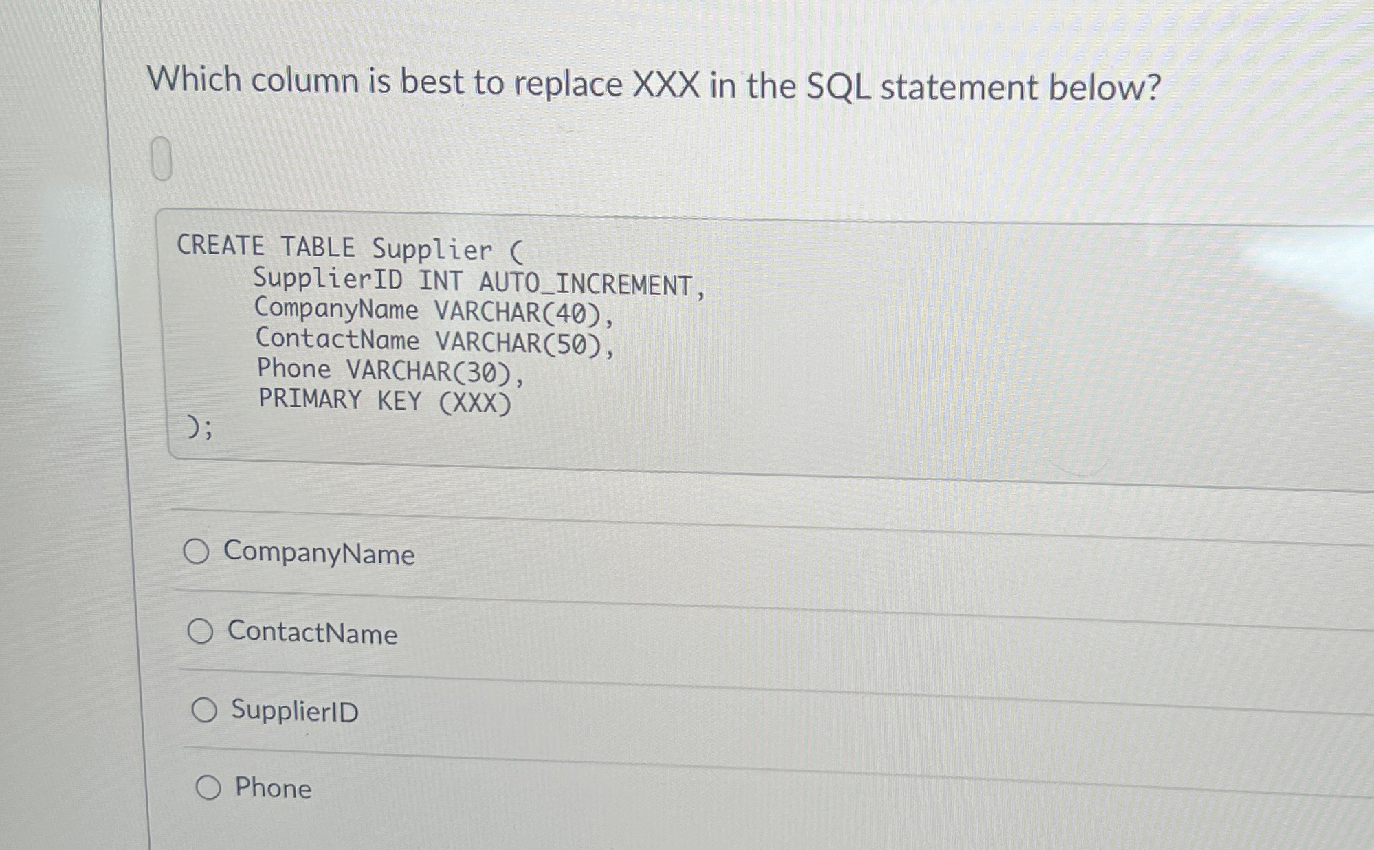 Solved Which column is best to replace xxx ﻿in the SQL | Chegg.com