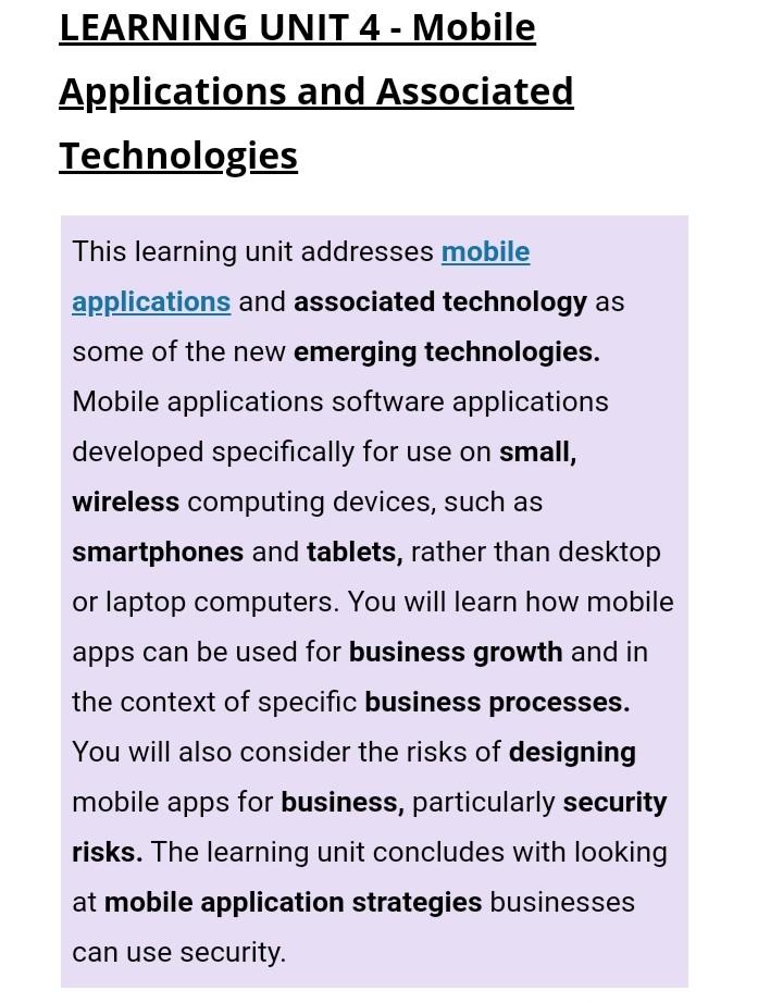 Solved This learning unit addresses mobile applications and | Chegg.com