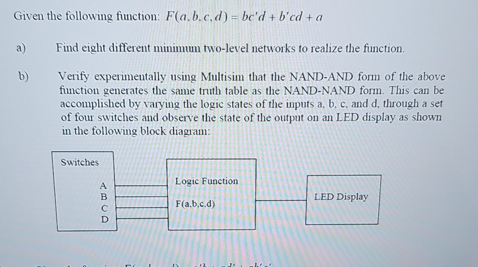 Solved Given The Following Function: F(a,b,c,d)=bc′d+b′cd+a | Chegg.com