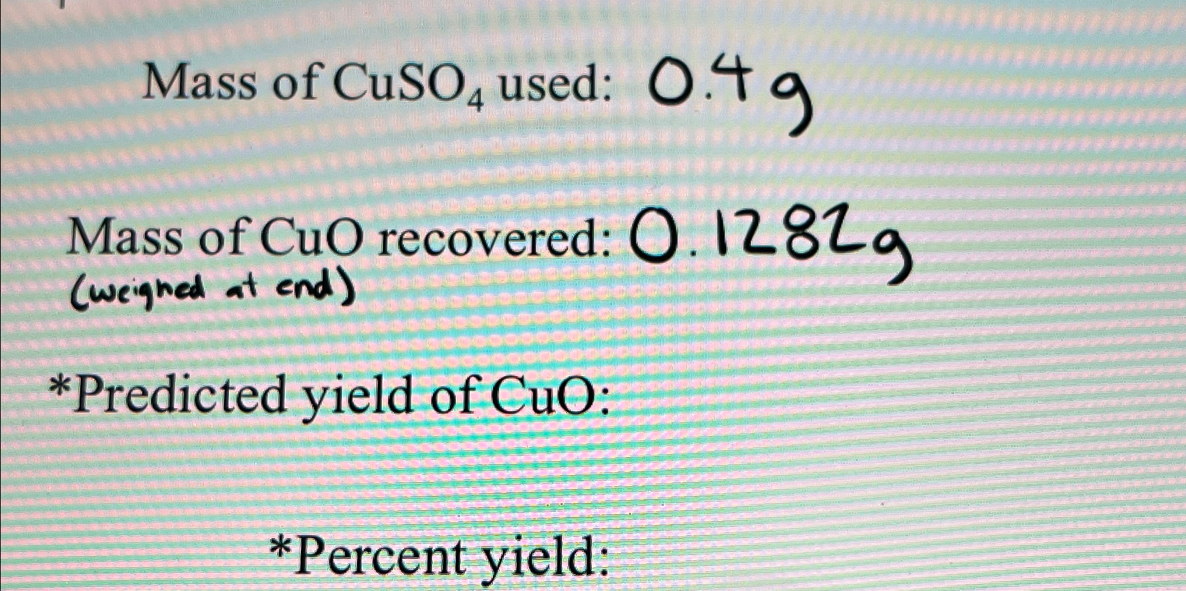 Mass of CuSO4 ﻿used: 0.4gMass of CuO recovered: | Chegg.com