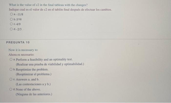 What is the value of \( \mathrm{c} 2 \) in the final tableau with the changes? Indique cual es el valor de c2 en el tablón fi