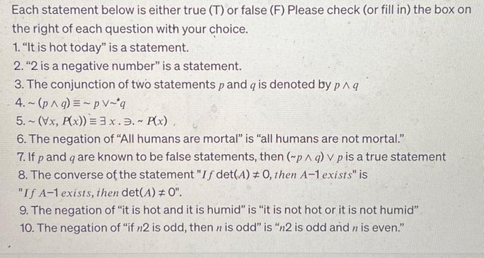 Solved Each statement below is either true ( T ) or false ( | Chegg.com