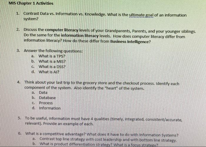 Solved MIS Chapter 1 Activities 1. Contrast Data vs.