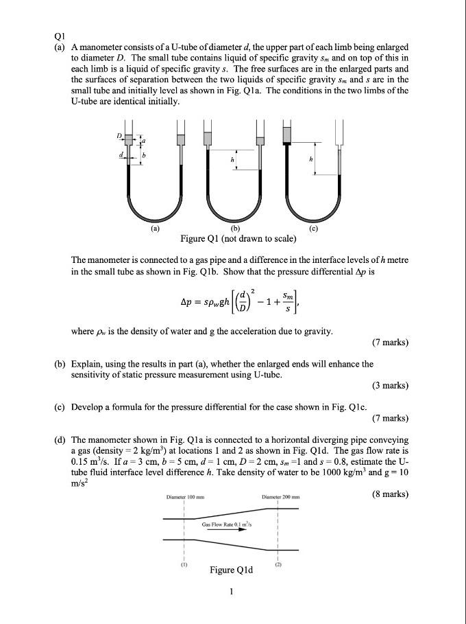 Q1 (a) A manometer consists of a Utube of diameter