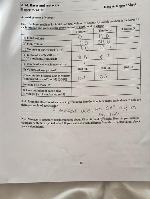 Solved Acid, Bases and Antacids Experiment 8 Data & Report