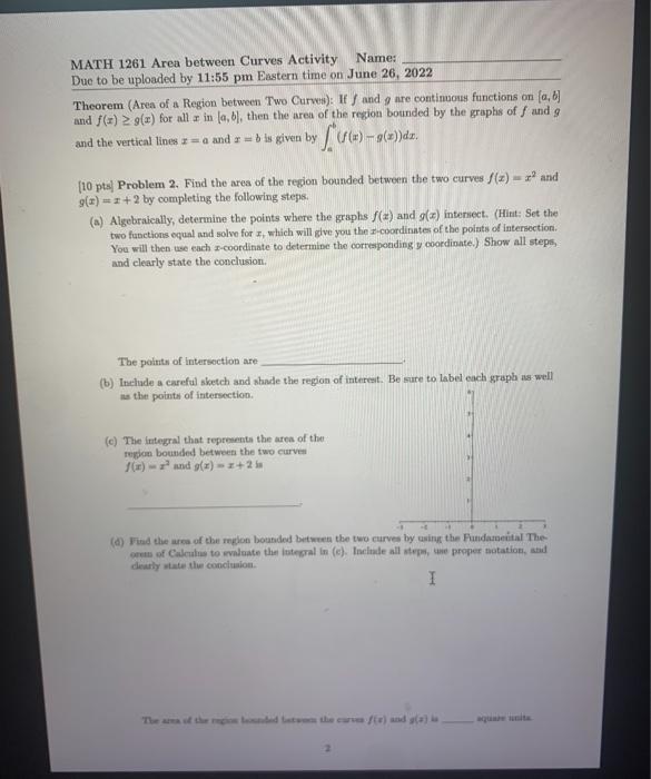Solved Name: MATH 1261 Area between Curves Activity Due to | Chegg.com