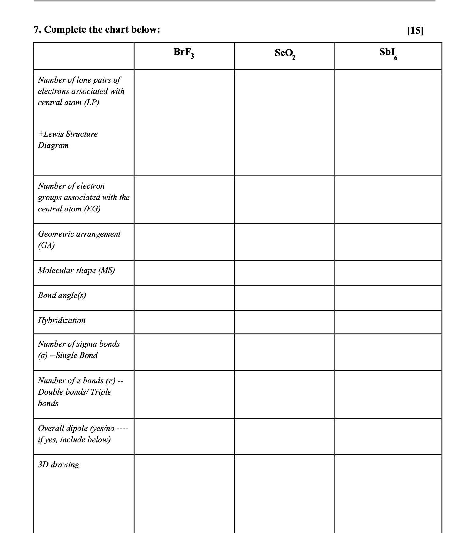 Solved Complete the chart below:[15]\table[[,BrF3,SeO2,SbI6 | Chegg.com