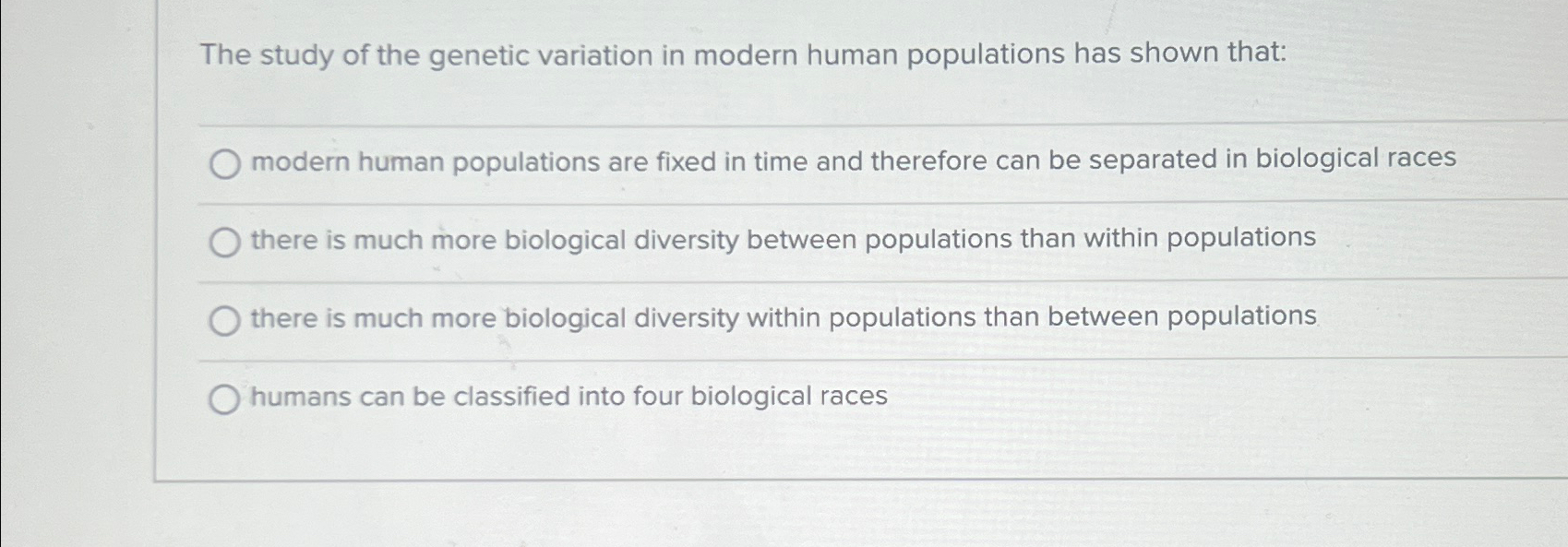 Solved The study of the genetic variation in modern human | Chegg.com
