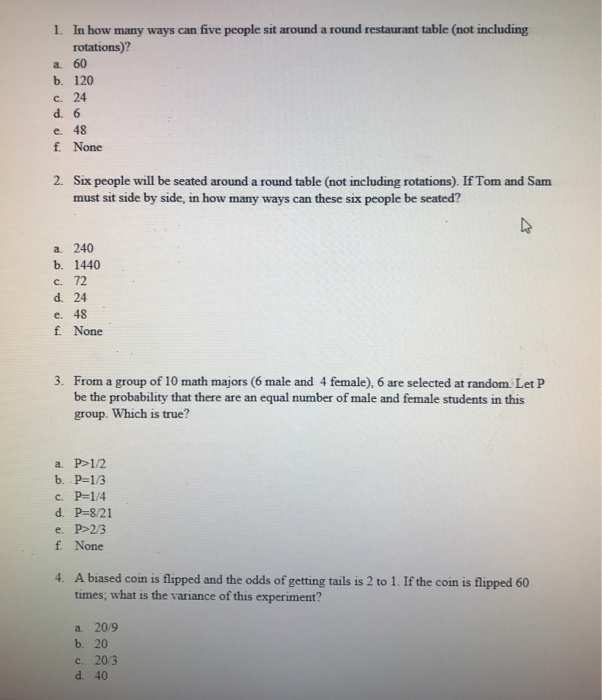 Solved 1. In how many ways can five people sit around a | Chegg.com