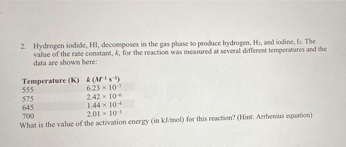 Solved 2. Hydrogen iodide, HI, decomposes in the gas phase | Chegg.com