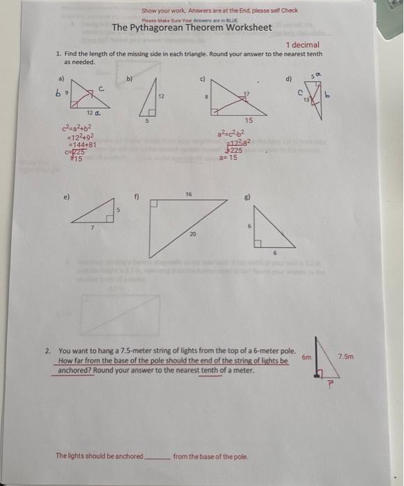 Solved The Pythagorean Theorem Worksheet 1 decimal 1. Find | Chegg.com