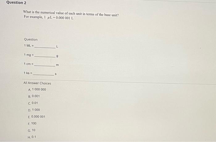 Solved What is the numerical value of each unit in terms of | Chegg.com