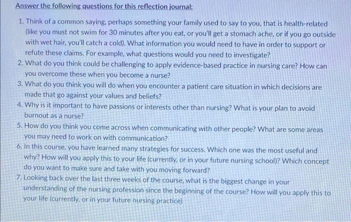 Solved Answer the following questions for this reflection | Chegg.com