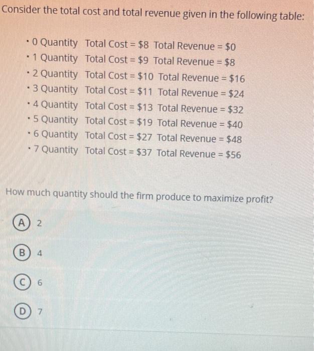 Consider the total cost and total revenue given in the following table:
.0 Quantity
Total Cost = $8 Total Revenue = $0
• 1 Qu