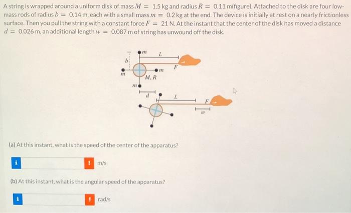 Solved A string is wrapped around a uniform disk of mass M = | Chegg.com