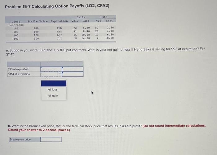 Solved Problem 15-7 Calculating Option Payoffs (LO2, CFA2) | Chegg.com