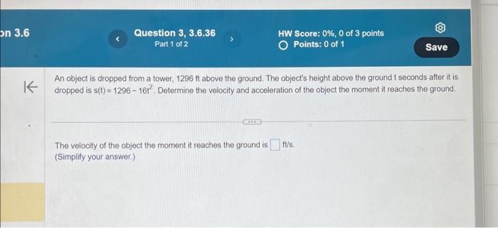 Solved An object is dropped from a tower, 1296ft above the | Chegg.com