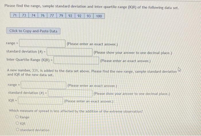 Solved Please find the range, sample standard deviation and | Chegg.com