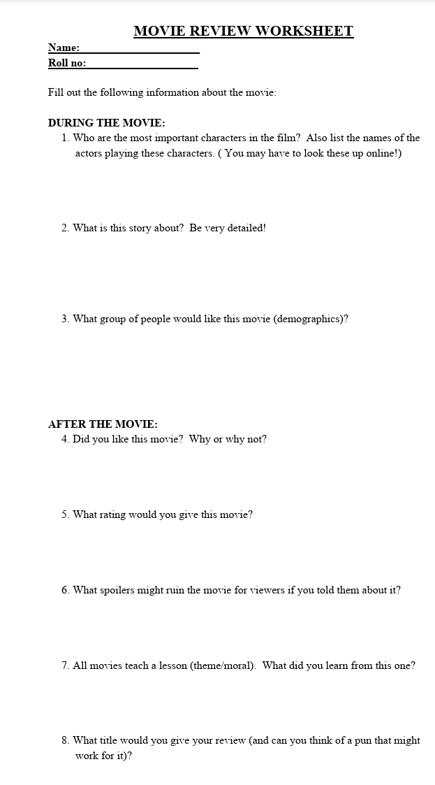 MOVIE REVIEW WORKSHEET Name: Roll no: Fill out the | Chegg.com