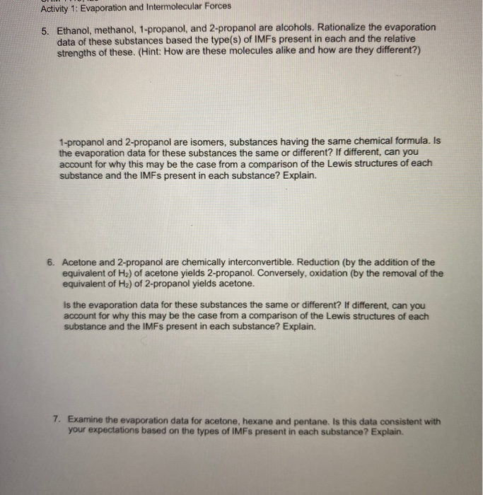 Solved Activity 1 Evaporation and Intermolecular Forces 3.