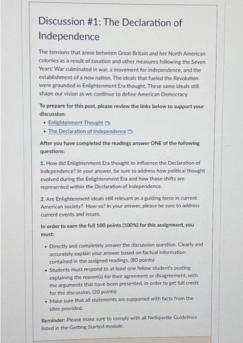 Discussion \#1: The Declaration of Independence The | Chegg.com