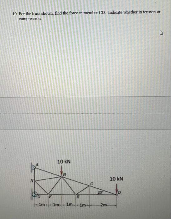 Solved 10. For the truss shown, find the force in member CD. | Chegg.com