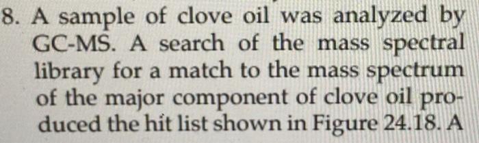 Solved 8. A sample of clove oil was analyzed by GC-MS. A | Chegg.com
