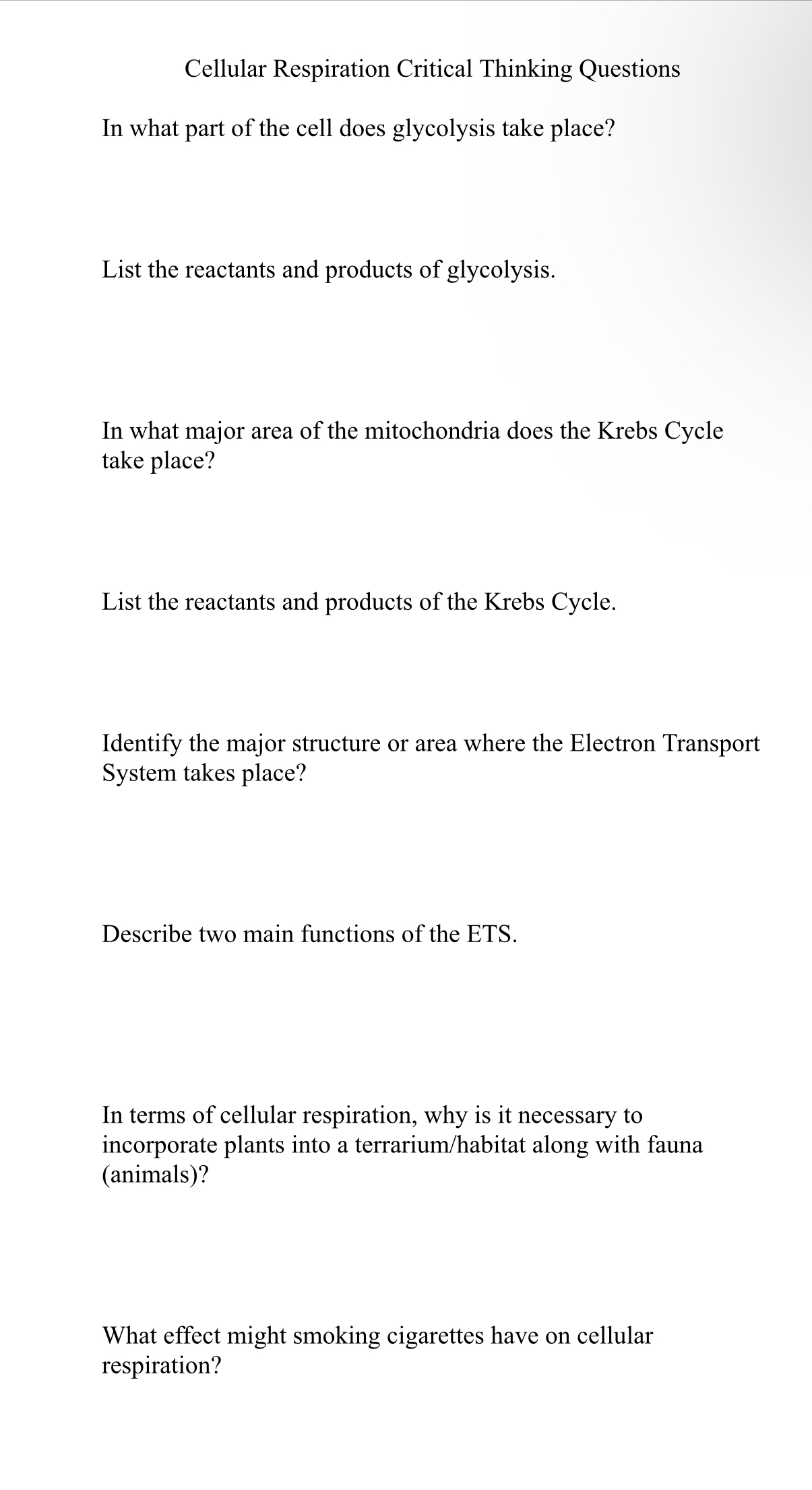 cellular respiration critical thinking questions answers