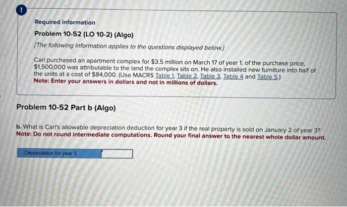 Solved Required Information Problem 10-52 (LO 10-2) (Algo) | Chegg.com