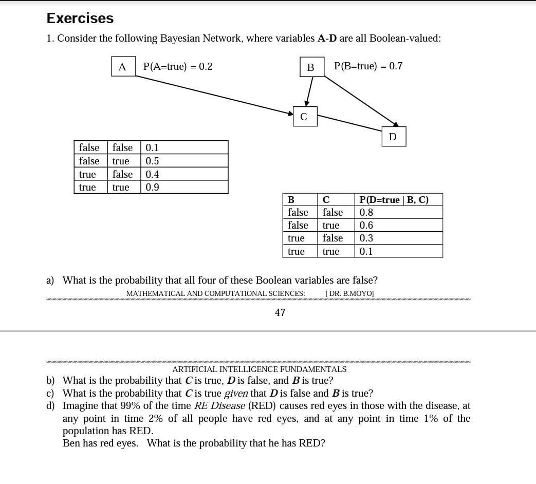 Solved Exercises 1. Consider The Following Bayesian Network, | Chegg.com