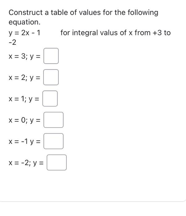 Construct a table of values for the following equation. \( y=2 x-1 \quad \) for integral valus of \( x \) from \( +3 t \) \(