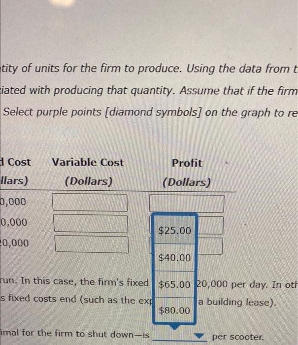 tity of units for the firm to produce. Using the data from iated with producing that quantity. Assume that if the firm Select