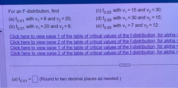 Solved For an F-distribution, find (c) f0.05 with v1=15 and | Chegg.com
