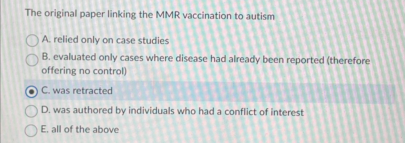 Solved The original paper linking the MMR vaccination to | Chegg.com