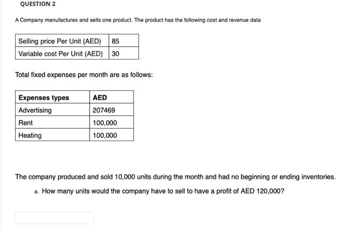 Solved A Company manufactures and sells one product. The | Chegg.com