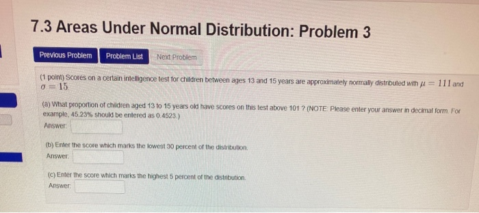 Solved 7.3 Areas Under Normal Distribution: Problem 3 Next | Chegg.com