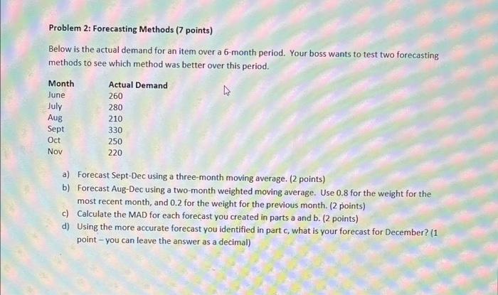 Solved Problem 2: Forecasting Methods (7 Points) Below Is | Chegg.com