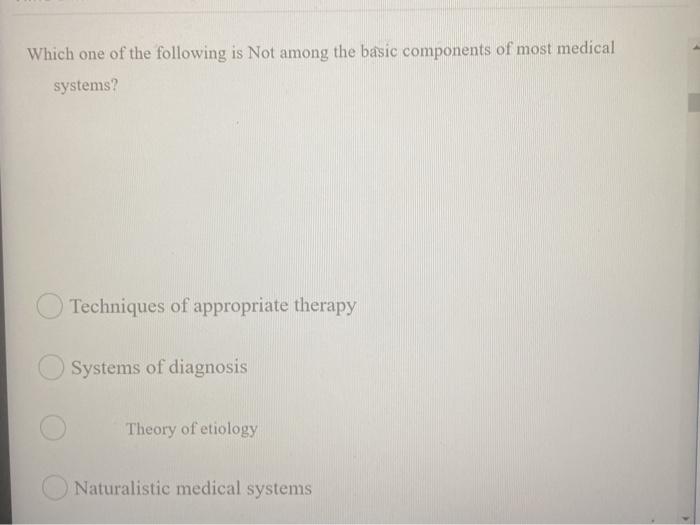 Which one of the following is Not among the basic components of most medical systems? Techniques of appropriate therapy Syste