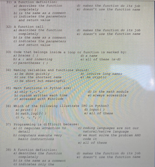 Solved 31) A function definition: a) describes the function | Chegg.com