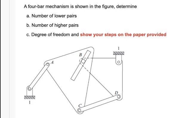 A four-bar mechanism is shown in the figure, determine
a. Number of lower pairs
b. Number of higher pairs
c. Degree of freedo