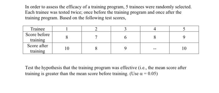 Solved In order to assess the efficacy of a training | Chegg.com