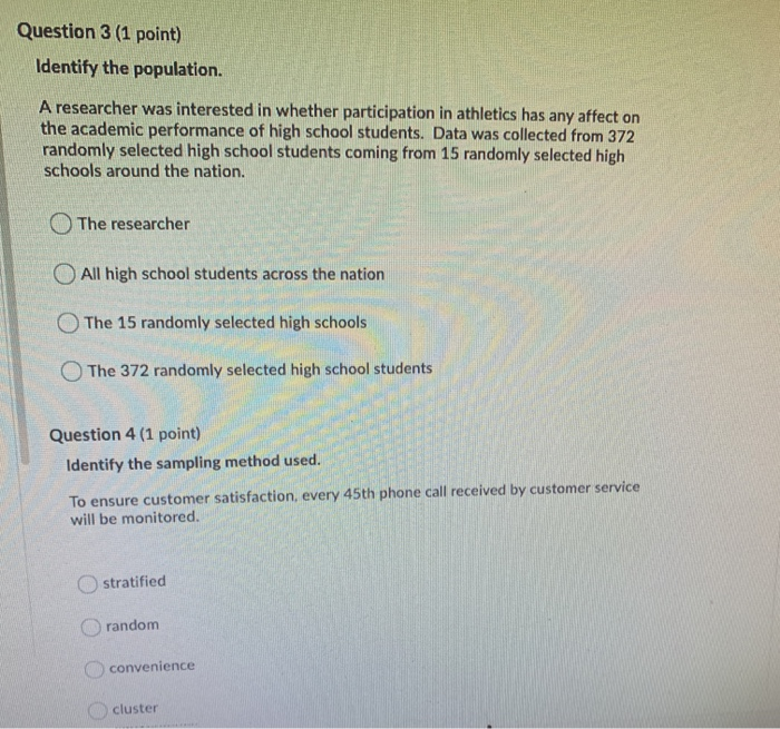 Solved Question 3 (1 point) Identify the population. A | Chegg.com