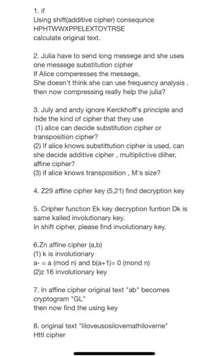 Solved 1. if Using shift(additive cipher) consequnce | Chegg.com
