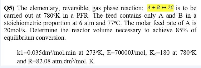 Solved Q5) The elementary, reversible, gas phase reaction: A | Chegg.com