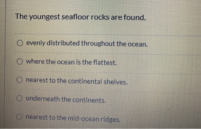 Solved The youngest seafloor rocks are found. O evenly | Chegg.com