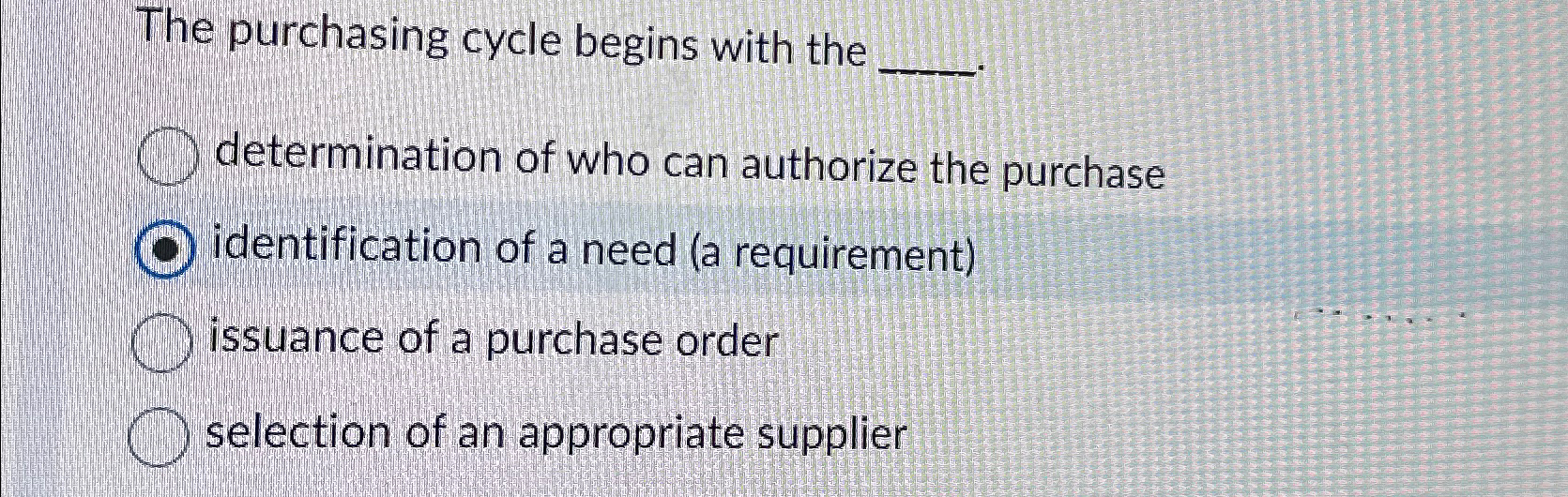 Solved The Purchasing Cycle Begins With Thedetermination Of | Chegg.com