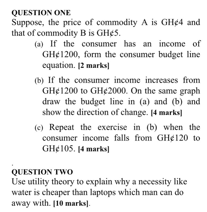 QUESTION ONE
Suppose, the price of commodity A is GH¢4 and
that of commodity B is GH¢5.
(a) If the consumer has an income of