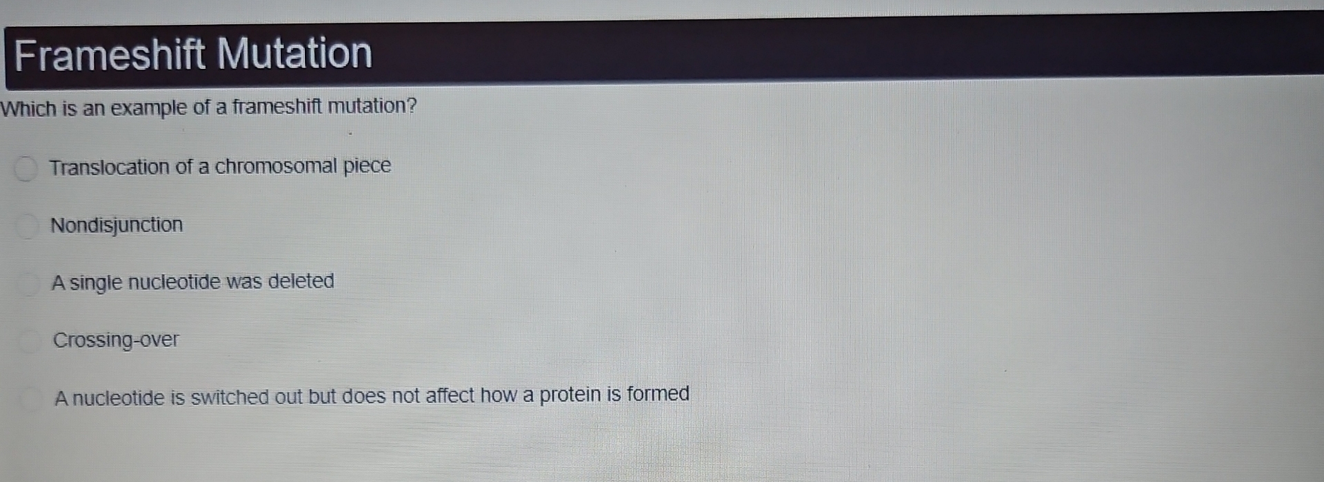 Solved Frameshift MutationWhich is an example of a | Chegg.com